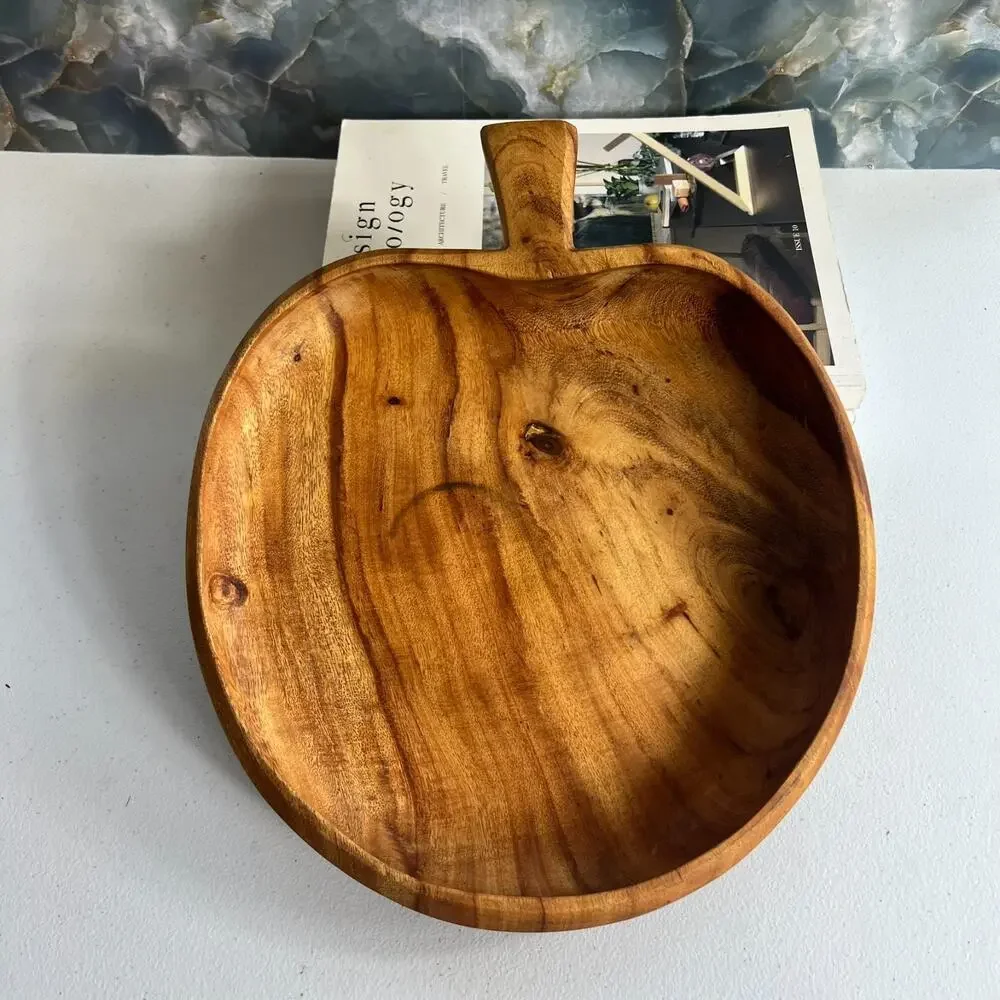 Vtg Hand Carved Wood Apple Shape Fruit Bowl Country Farmhouse Dish 13.5